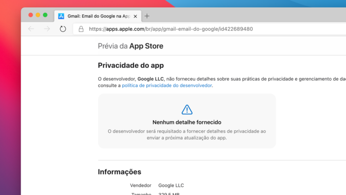 App Store avisa que Google não forneceu detalhes de privacidade (Imagem: Reprodução)