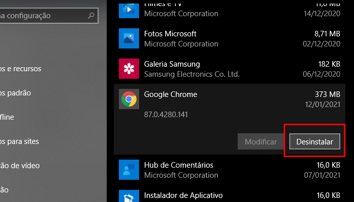 Processo para desinstalar o Chrome em um PC com Windows 10 (Imagem: Reprodução/Windows)
