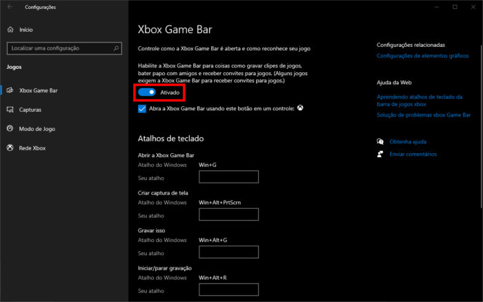 Configurações da Xbox Game Bar (Imagem: Reprodução/Microsoft)