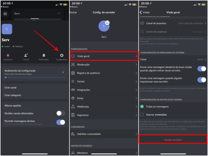 Como excluir um servidor no Discord pelo app para celular (Imagem: Reprodução/Discord)