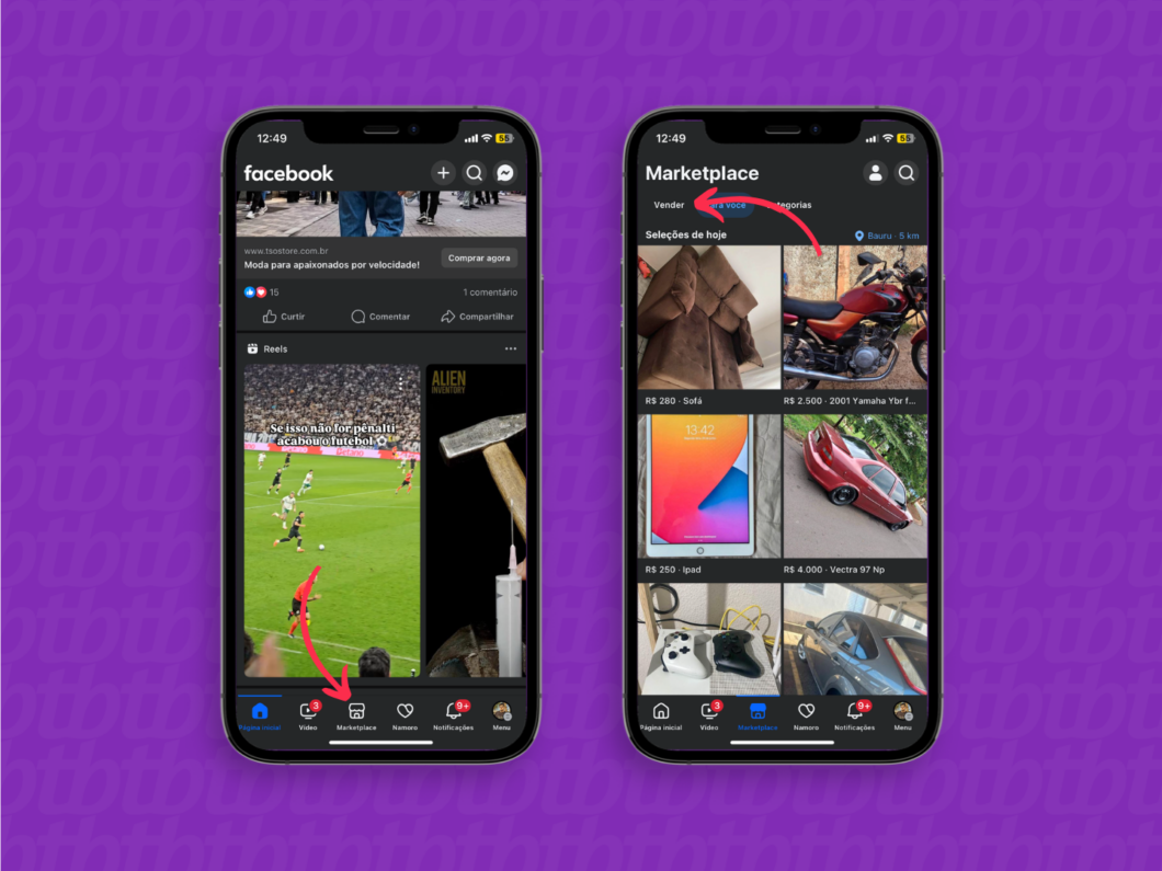 Toque em "Vender" para anunciar um produto no Marketplace (Imagem: Reprodução/Facebook)