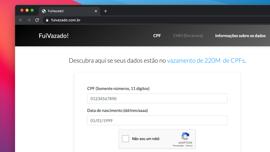 Site permite consultar se CPF foi vazado (Imagem: Reprodução/Fui Vazado)