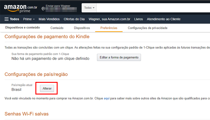 Processo para mudar a região da conta da Amazon (Imagem: Reprodução/Amazon)