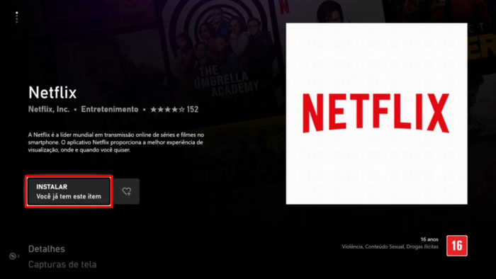 Tela de download do app da Netflix no Xbox One (Imagem: Reprodução/Microsoft)