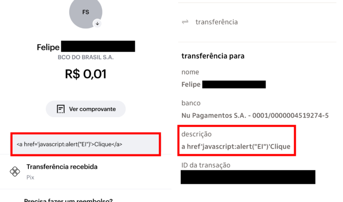 Nubank exibe código HTML enviado via Pix; Itaú remove caracteres (Imagem: Reprodução)