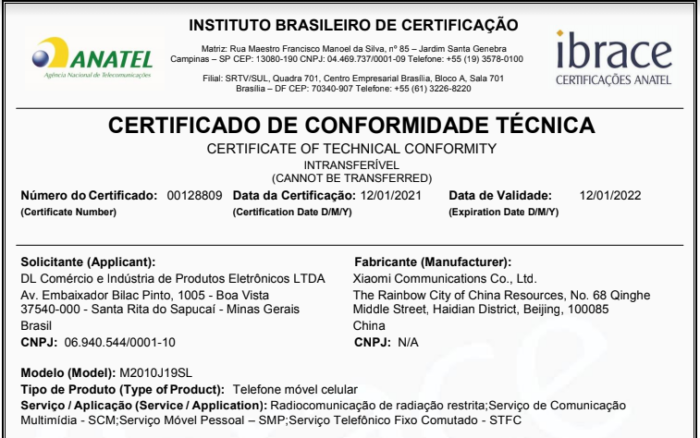 Certificado de homologação do Redmi 9 Power (Imagem: Reprodução/Anatel)