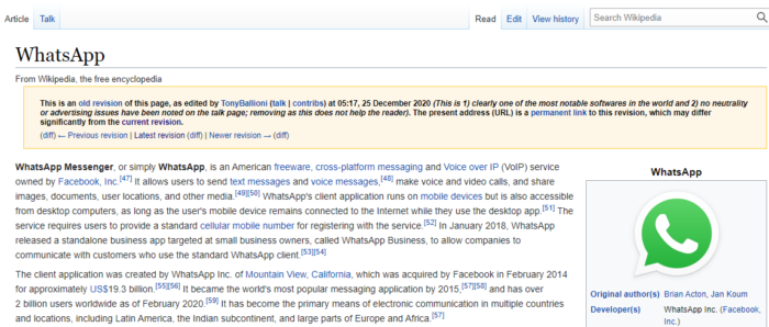 Versão antiga da página do WhatsApp na Wikipédia