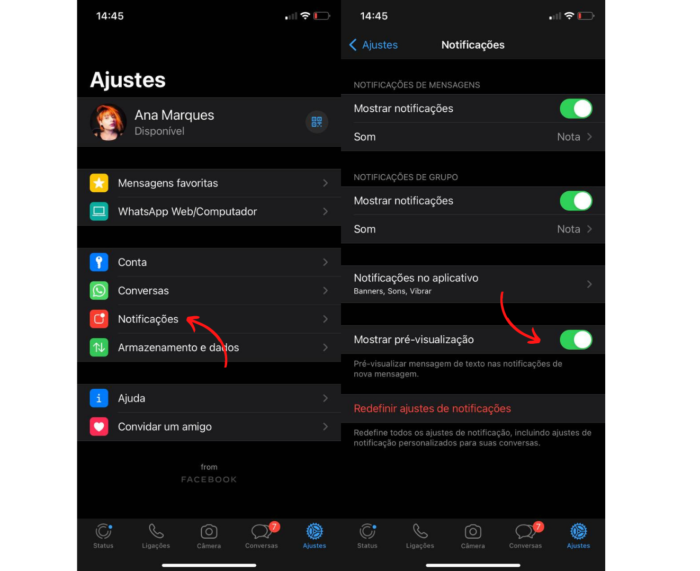 Configurando notificações do WhatsApp