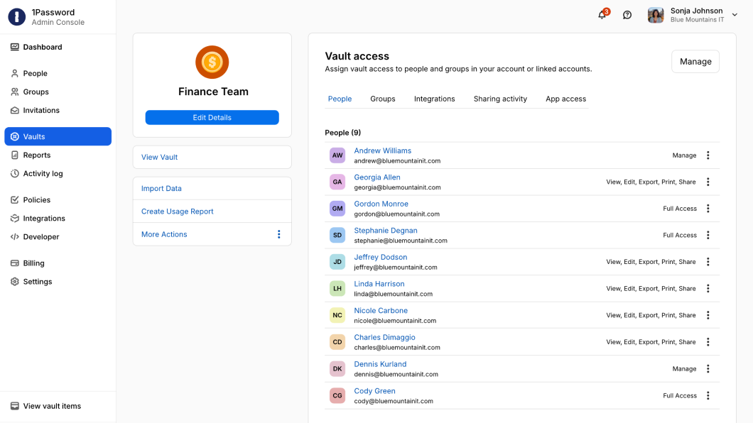 Tela do 1Password mostrando gerenciamento de acesso a um vault para pessoas e grupos (Finance Team)