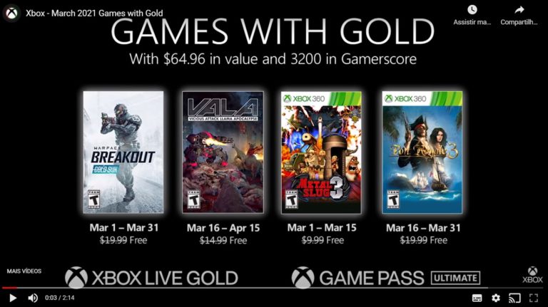 Xbox Live Gold de março tem Warface: Breakout, Metal Slug 3 e mais jogos grátis