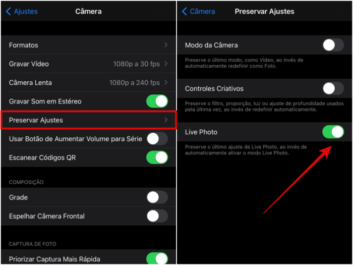 Preserve os Ajustes de Câmera no iOS (Imagem: Reprodução/iOS)