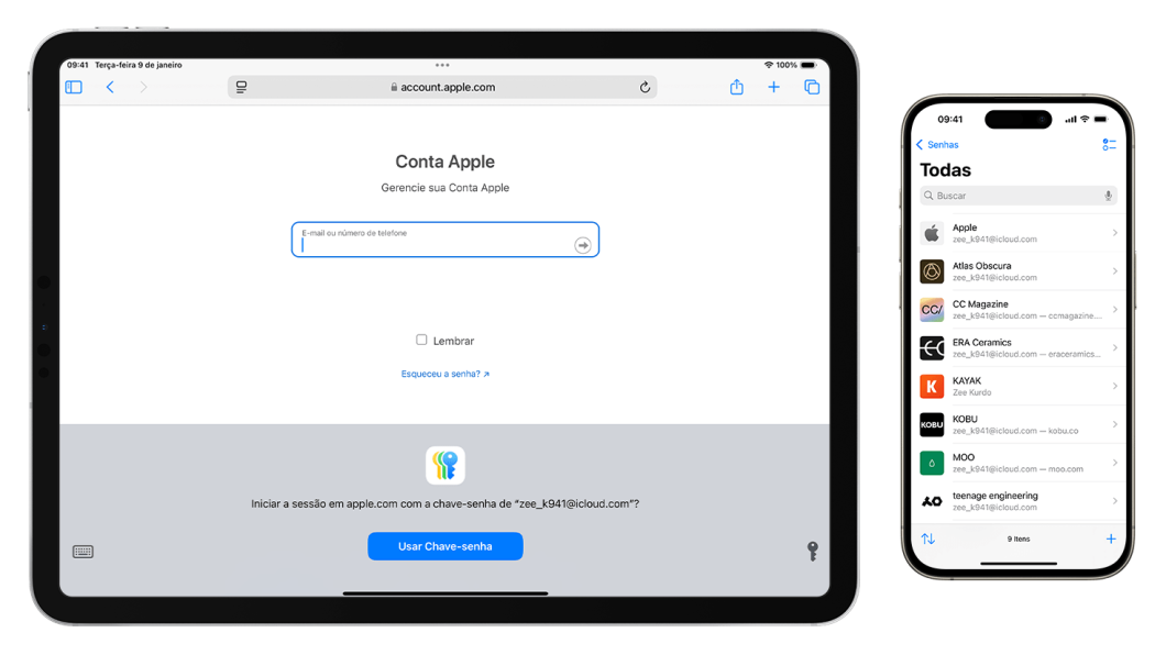 Telão e celular mostrando o Apple Senhas com listas de credenciais e opção de iniciar sessão com chave-senha