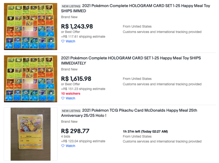 Ofertas das cartas de Pokémon do McLanche Feliz no eBay (Imagem: Reprodução/eBay)