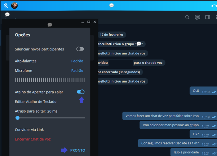 Chat de voz do Telegram: atalhos de teclado (Imagem: reprodução/Gabrielle Lancellotti)