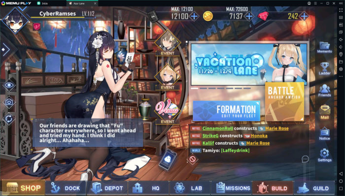 Emulador MEmu Play rodando o jogo Azur Lane, instalado via Google Play Store, no Windows (Imagem: Reprodução/Microvirt)