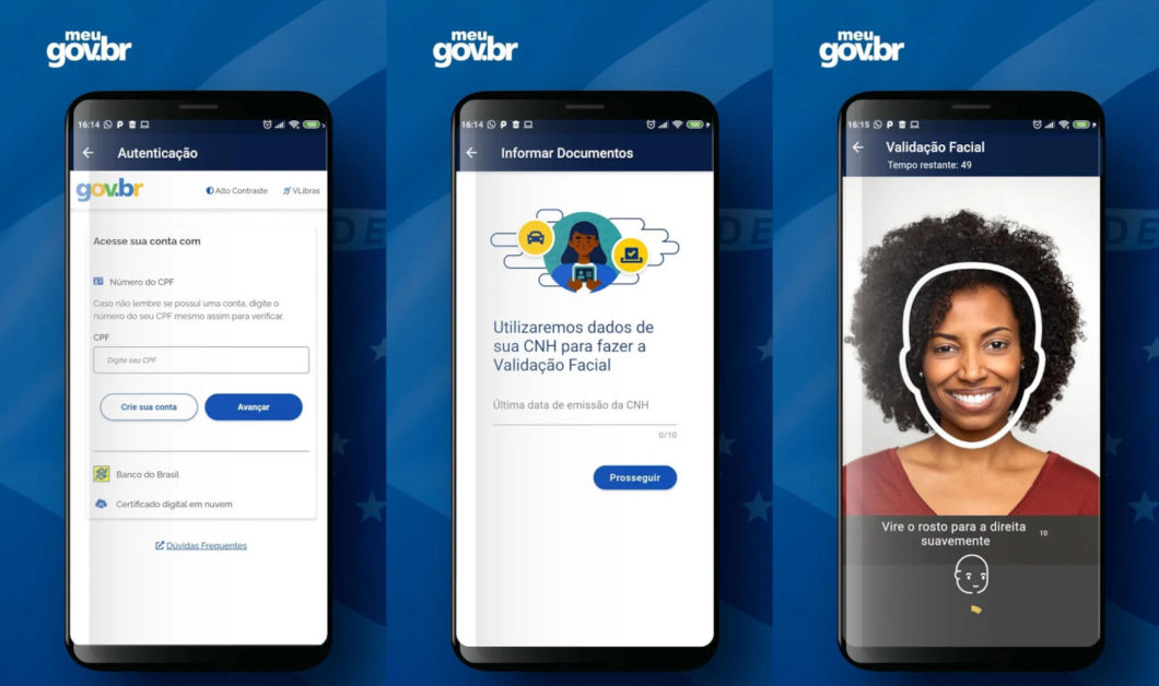 Telas de login e validação facial do app Meu Gov.br (Imagem: Divulgação/Governo Federal)