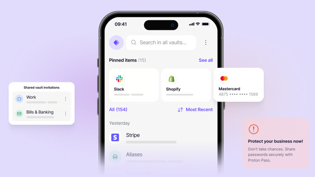 Interface do Proton Pass mostrando itens fixados e a opção de aliases em um cofre de senhas