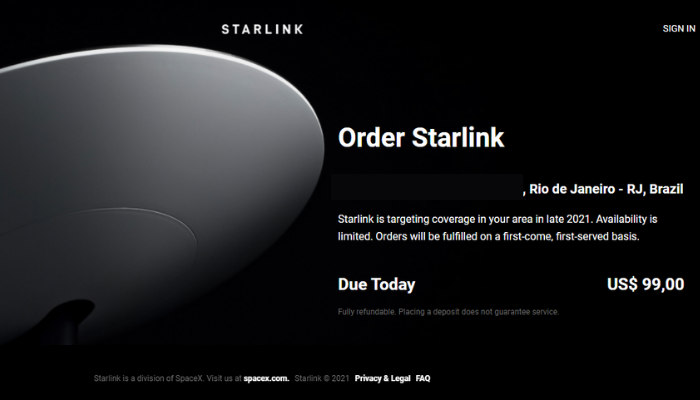 Página de captura da Starlink