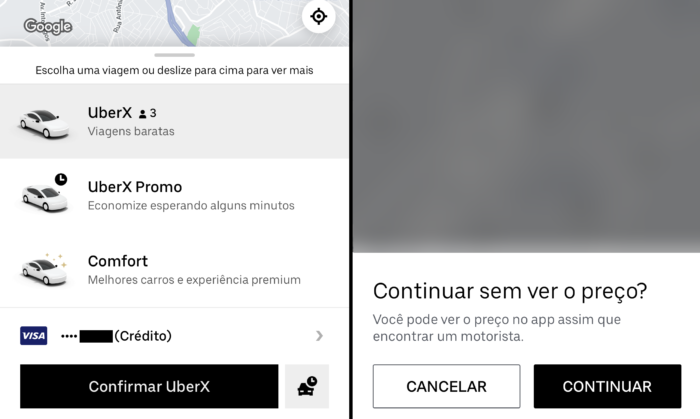 Uber não exibe preço (Imagem: Reprodução)