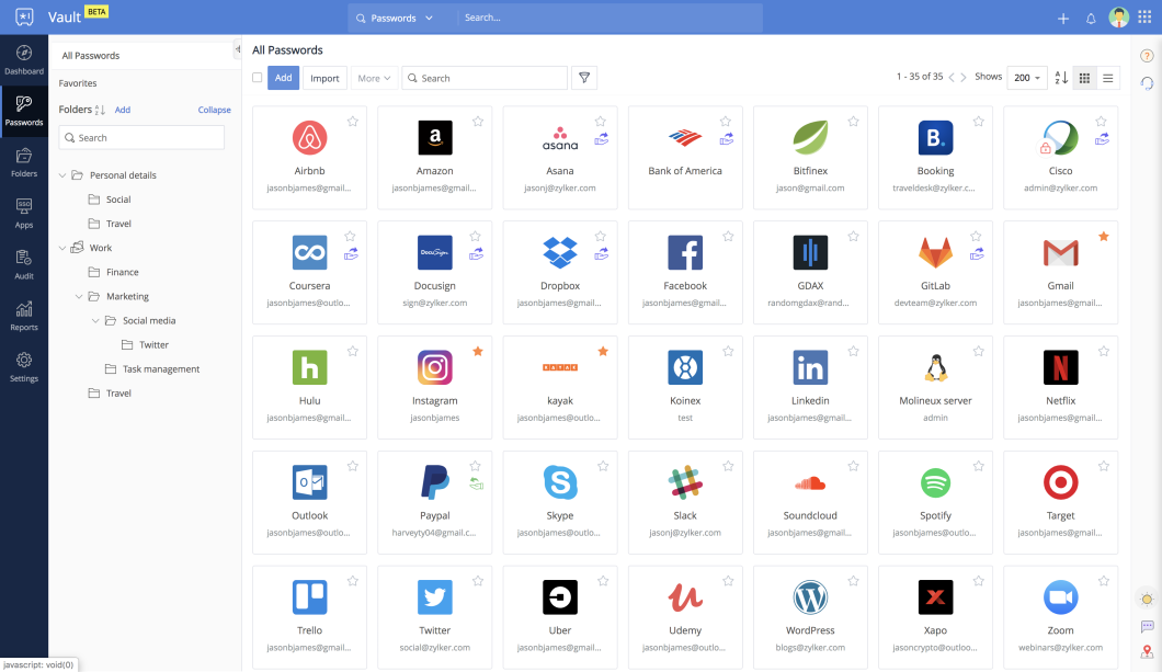 Tela do Zoho Vault mostrando lista de senhas e cards com logins, como “All Passwords” e “Search”