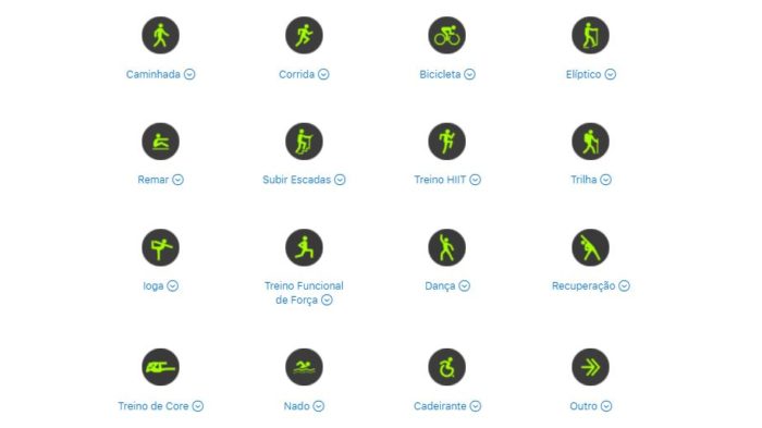 Há diversos tipos de exercícios configurados previamente no Apple Watch (Imagem: Reprodução / Apple)