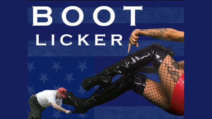 NFT "Bootlicker", da Cryptonatrix, mostra Donald Trump lambendo as botas da artista (Imagem: Reprodução/Rarible)