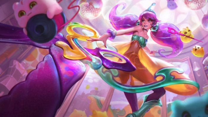 Gwen, de League of Legends, com a skin "Embalos no Espaço" (Imagem: Divulgação/Riot Games)