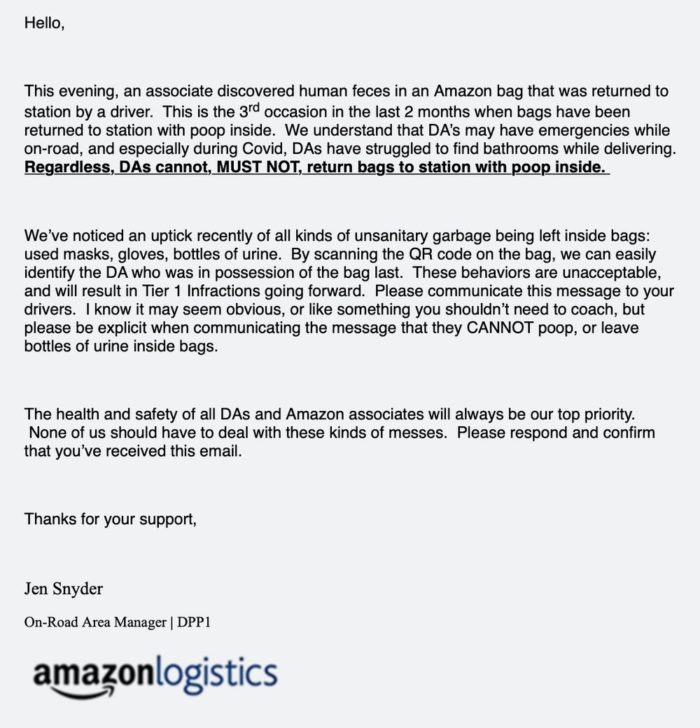 O e-mail da gerente de logística da Amazon (Imagem: Reprodução/The Intercept)