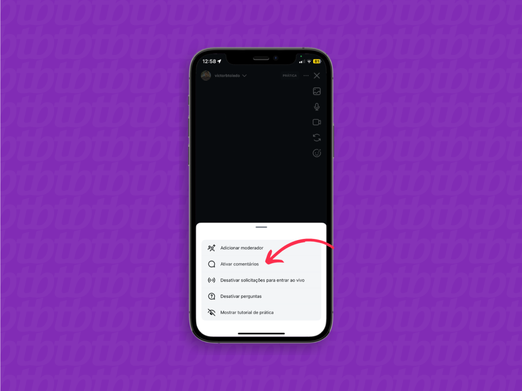 Menu que permite habilitar os comentários em uma Live do Instagram