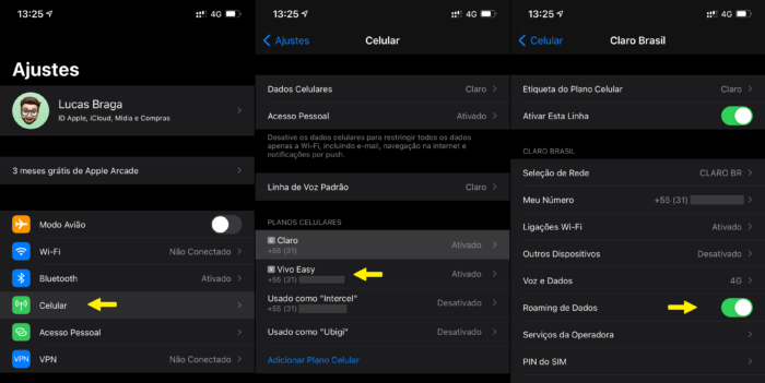 Como ativar o roaming internacional no iPhone (Imagem: Lucas Braga/Tecnoblog)