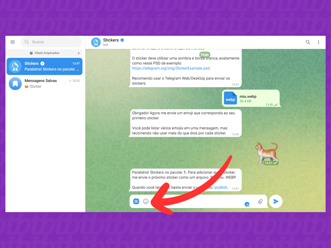 Captura de tela do Telegram Web mostra como selecionar o emoji para figurinhas