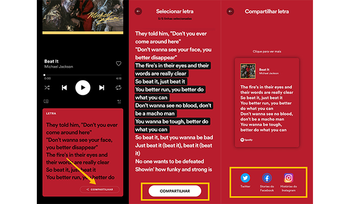 Processo para compartilhar trechos de letras de músicas no Spotify (Imagem: Reprodução/Spotify)