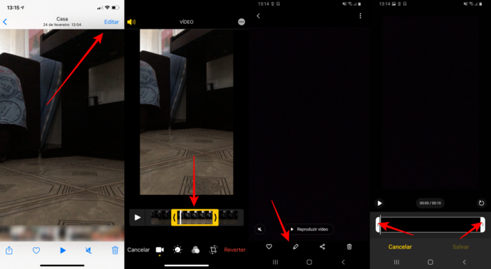 Ferramenta de corte de vídeos nativa do iPhone e Android, respectivamente (Imagem: Reprodução/Apple/Android)