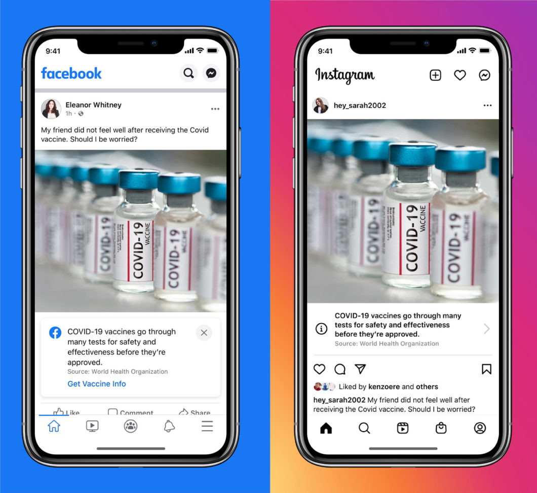 Facebook e Instagram mostram alertas contra desinformação sobre vacinas (Imagem: Divulgação)
