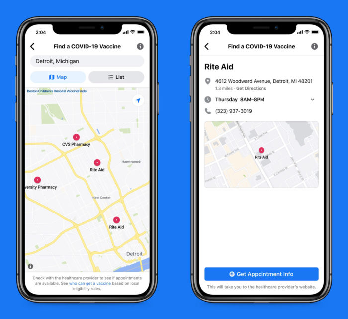 Facebook destaca locais de vacinação nos EUA (Imagem: Divulgação)