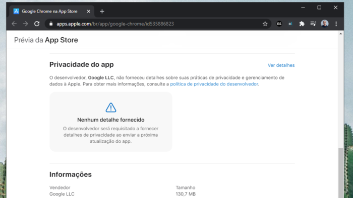 App Store avisa que Google Chrome não forneceu detalhes de privacidade (Imagem: Reprodução/Tecnoblog)