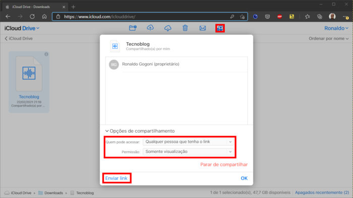 Copiando link do iCloud Drive na web (Imagem: Reprodução/Apple)
