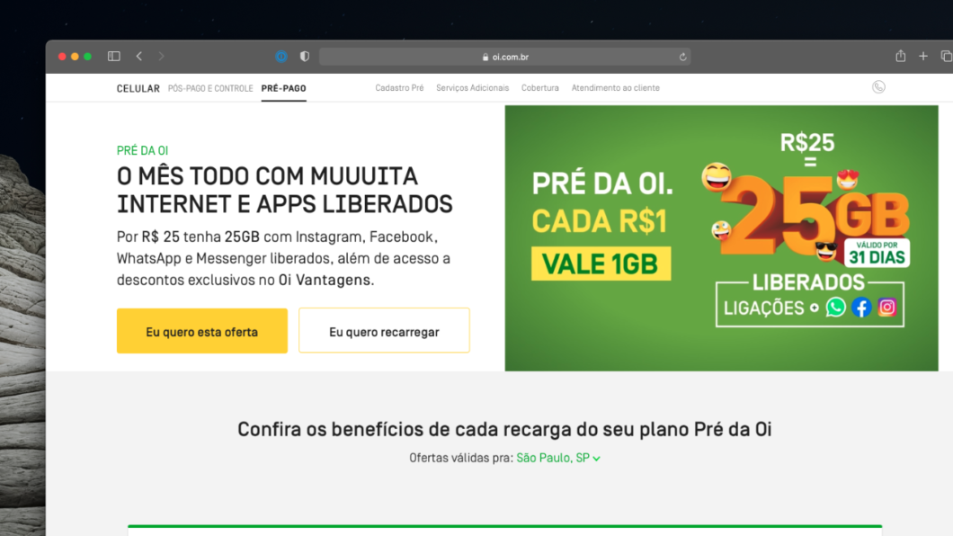 Print from Oi's website with prepaid plan