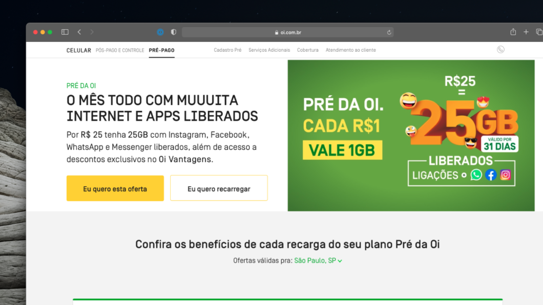 Print do site da Oi com plano pré-pago