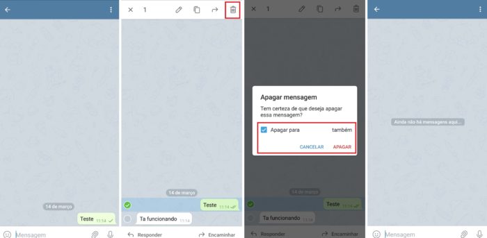 É possível apagar apenas uma mensagem selecionada e deletá-la sem deixar rastros (Imagem: Reprodução / Telegram)