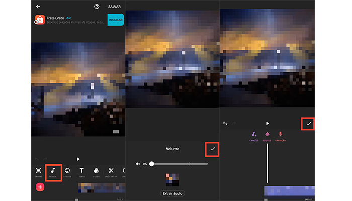 Processo para tirar o áudio de um vídeo no aplicativo InShot (Imagem: Reprodução/InShot)