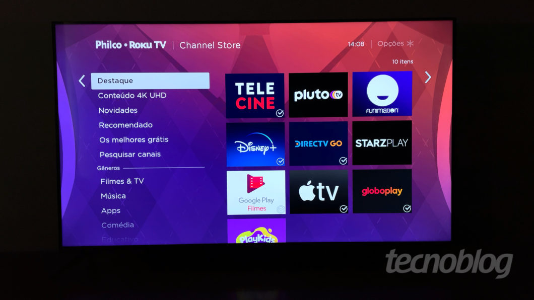 Telecine, Funimation, Disney+, Globoplay e mais streamings na Roku TV (Imagem: Paulo Higa/Tecnoblog)