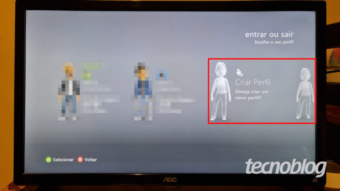 Twela inicial do Xbox 360, com opções para criar e baixar perfil (Imagem: Ronaldo Gogoni/Tecnoblog)