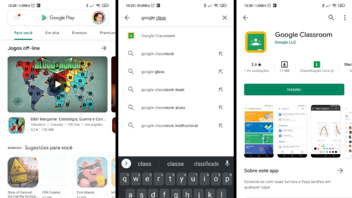 Instalação do Google Classroom no Android (Imagem: Leandro Kovacs/Reprodução)