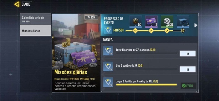 Missões diárias em Call of Duty: Mobile também trazem CP (Imagem: Leandro Kovacs/Reprodução)