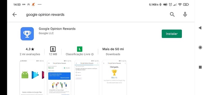 Google Opinion Rewards pode ser baixado na Play Store (Imagem: Leandro Kovacs/Reprodução)