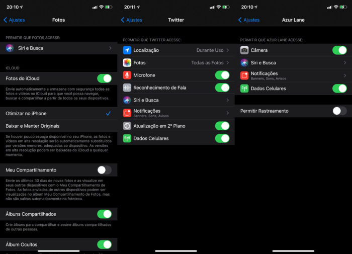 Permissões individuais de um app nativo (Fotos), uma rede social (Twitter) e um jogo (Azur Lane) no iPhone (Imagem: Reprodução/Apple)