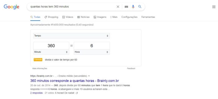 O Google te responde de forma rápida uma conversão entre minutos e horas (Imagem: Reprodução/ Google)