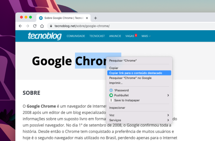Opção para criar link para o conteúdo destacado no Google Chrome (Imagem: Reprodução/Tecnoblog)
