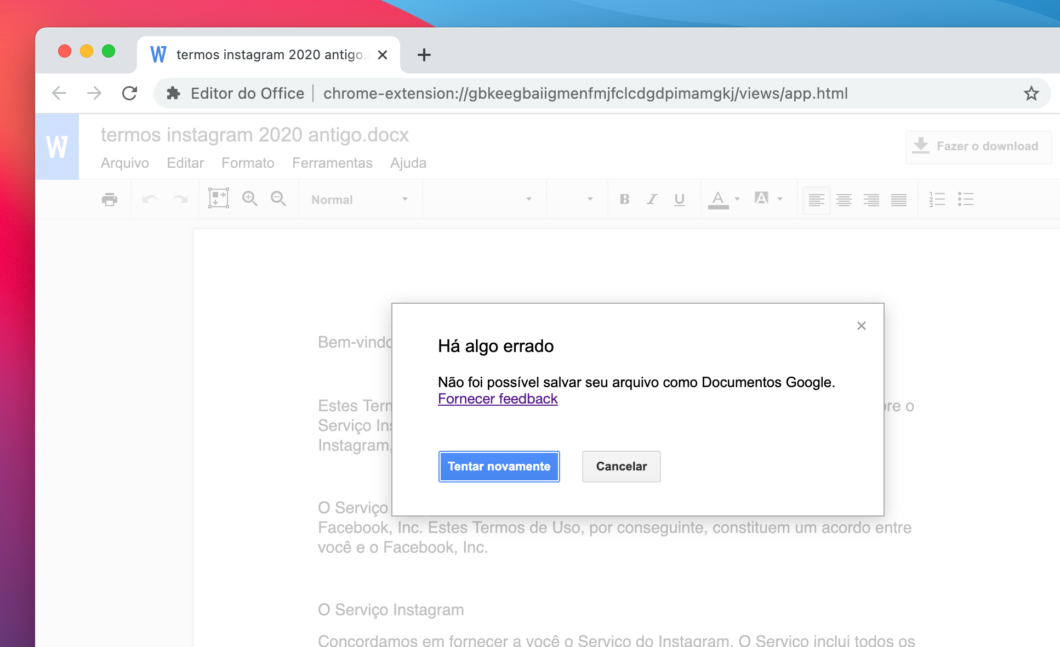 Google Docs não converte documento do Word (Imagem: Reprodução)